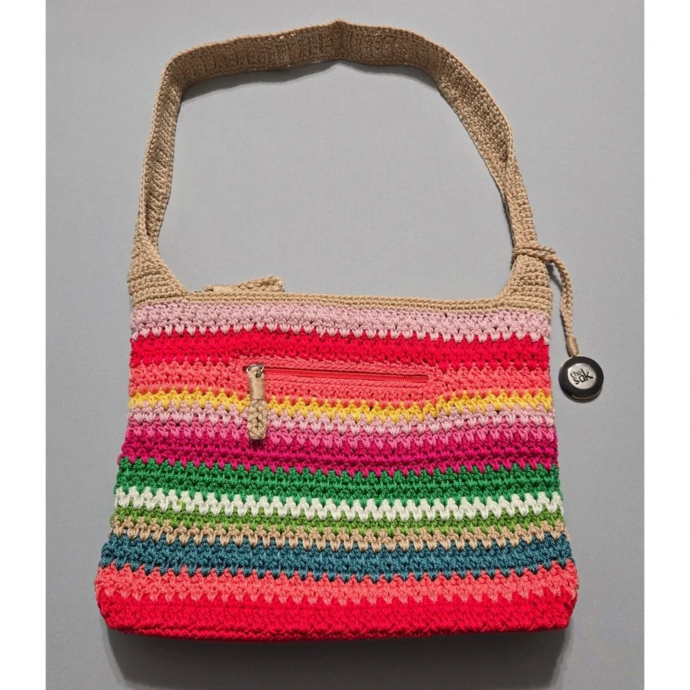 The Sak Crochet Shoulder Bag Multicolor Rainbow Striped Purse Zips Knit